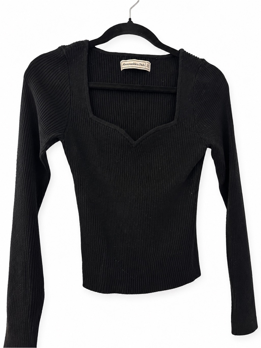 Abercrombie & Fitch Black Ribbed Sweetheart Neck Long Sleeve Top M